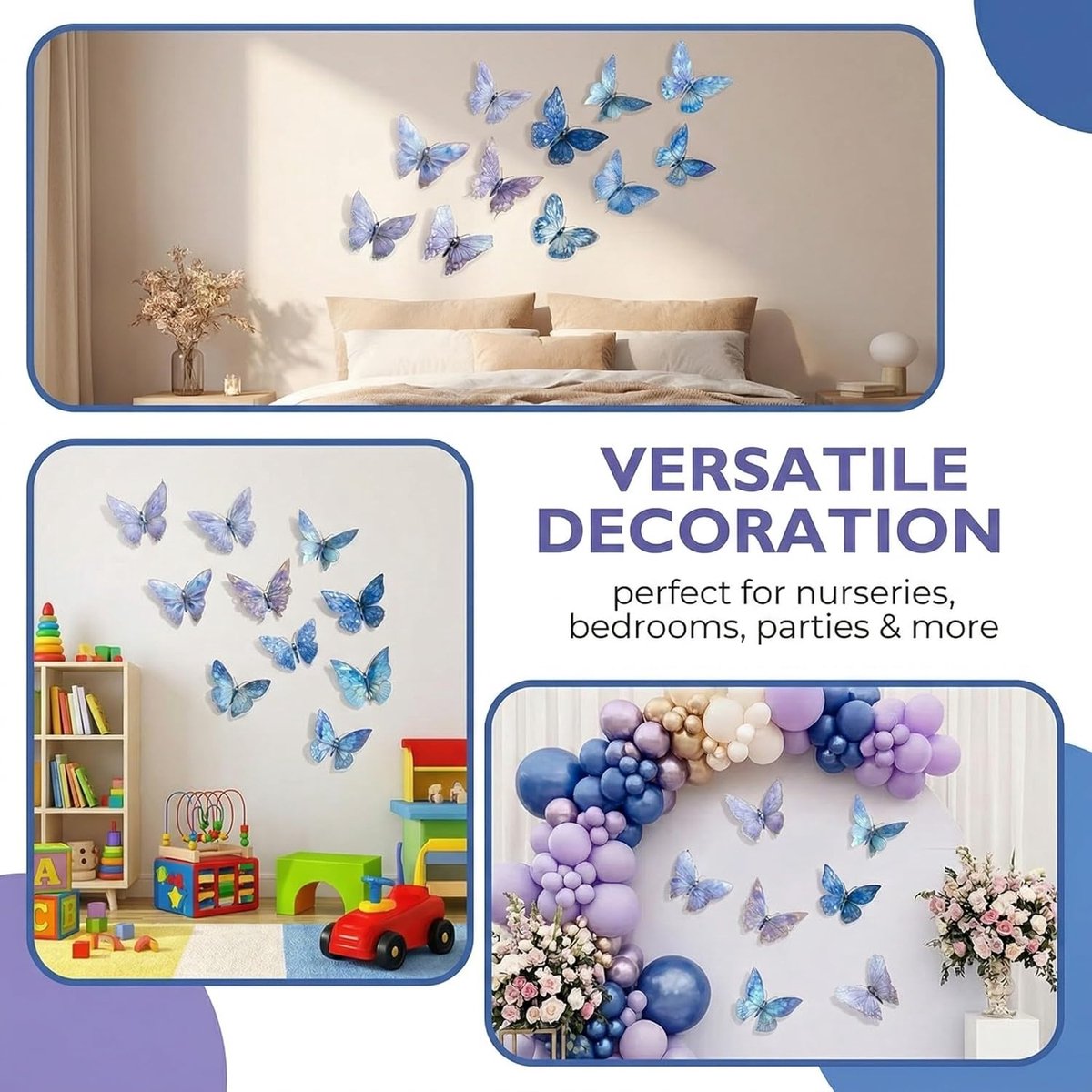 20 stuks 3D vlinders wanddecoratie stickers slagvaste kunststof vlinderdecoraties, wanddecoratie (paars en blauw)