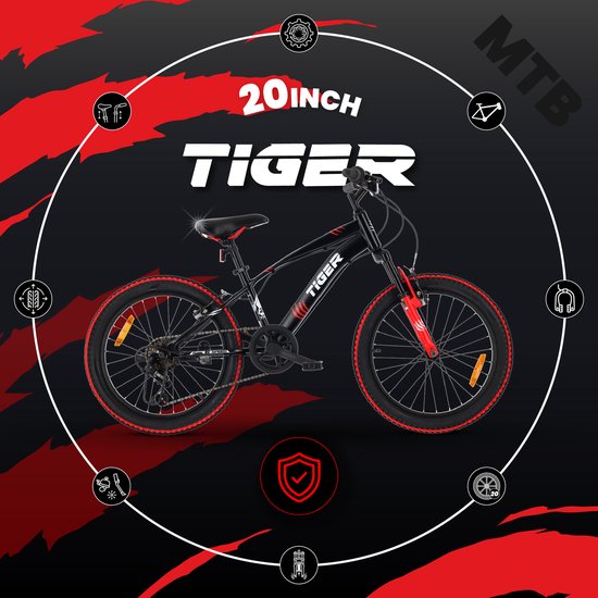 Tiger Bike Kinderfiets voor jongens 20 inch wielmaat te kiezen uit 6 versnellingen Shimano van 6 tot 10 jaar in hoogte verstelbaar (Rood Zwart) van Tiger Bike — afbeelding 5