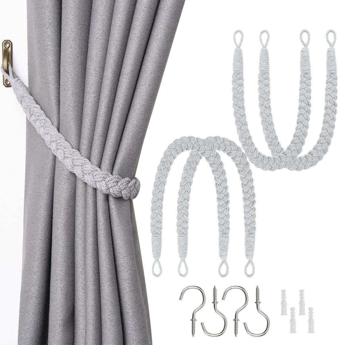 Jolly Set van 4 natuurlijk katoenen touwgordijn Tiebacks Elegante Boho Stijl Decoratieve Draperie Ruggen Zachte Handgeweven Touw Gordijn Holdbacks met Metalen Haak voor Thuis & Kantoor Draperie