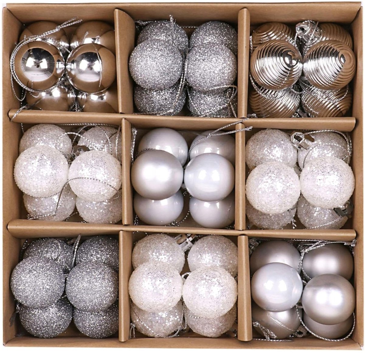 Kerstballen, bevroren winter zilver en wit onbreekbare kerstbal ornamenten decoratie voor kerstboom decoratie