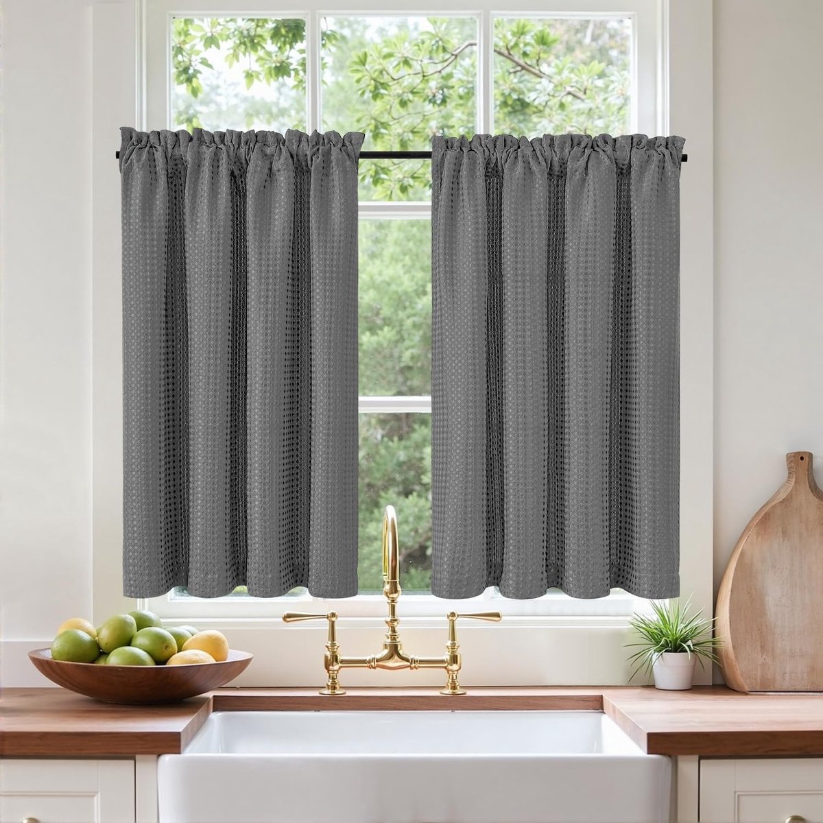 Vitrage met wafelpatroon, bistrogordijn, gordijn, effen, lichtfiltering, raamgordijn voor korte ramen, kleine ramen, woonkamer, landhuis, 90 x 115 cm, grijs, 2 stuks