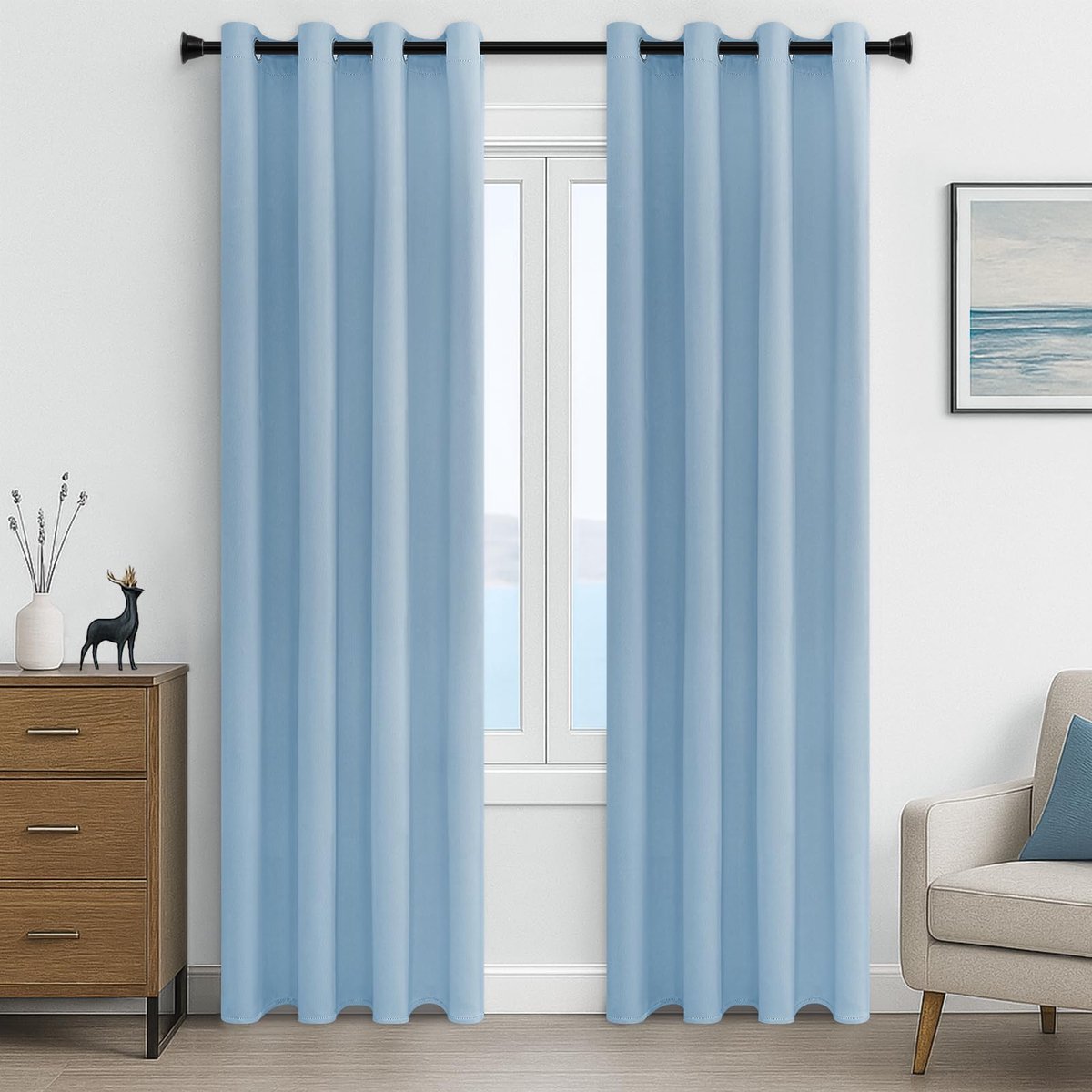 Gordijn met ingestanste ringen, ondoorzichtig, kort, modern verduisteringsgordijn voor hotel, kantoor, woonkamer, slaapkamer, kinderkamer, 225 x 140 cm (h x b), lichtblauw, set van 2