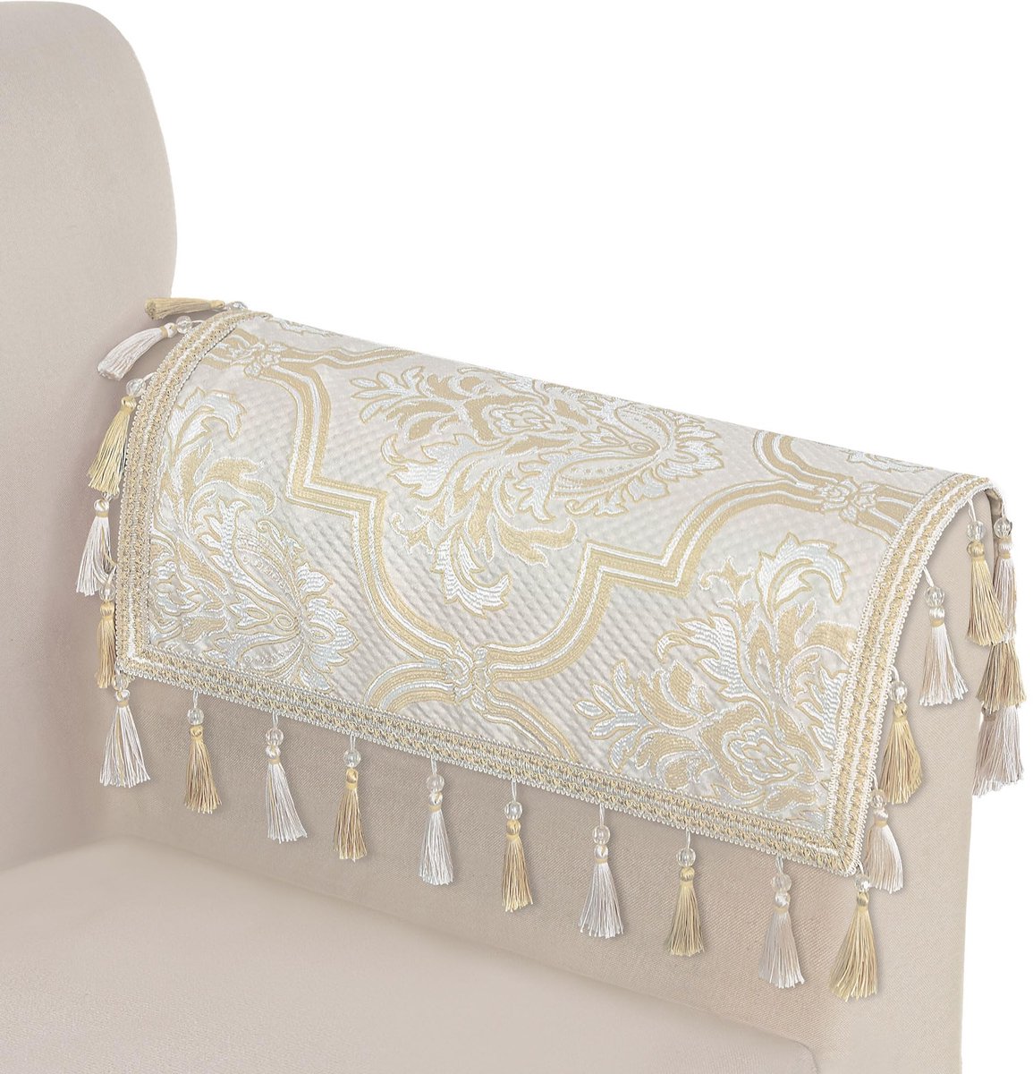 Set van 2 bankarmleuningen, antislip bankhoezen met kwastjes, damast meubelbeschermer voor stoel, bank, fauteuil, 50 x 60 cm (wit en geel)