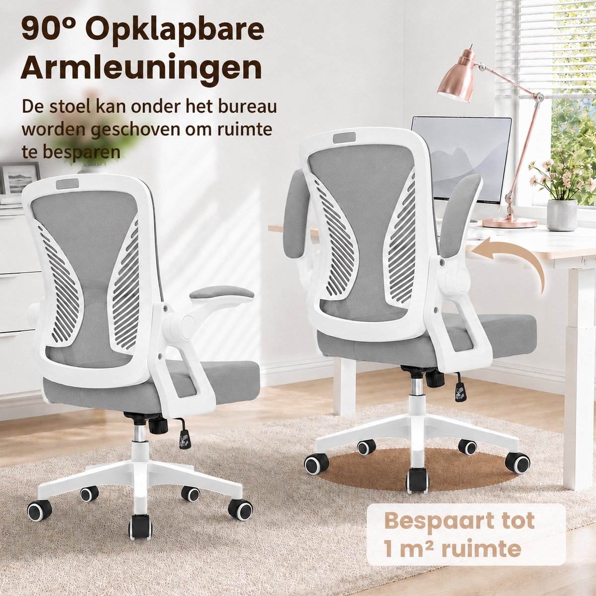 Milacyee Bureaustoel - Ergonomische Bureaustoel – Verstelbare Gaming/Computerstoel met Mesh Rug & Lendensteun – 90° Opklapbare Armleuningen – Directiestoel met Stille Wieltjes – Tot 130 kg Belasting - Grijs - Geschikt voor thuiswerk en kantoor – foto 7