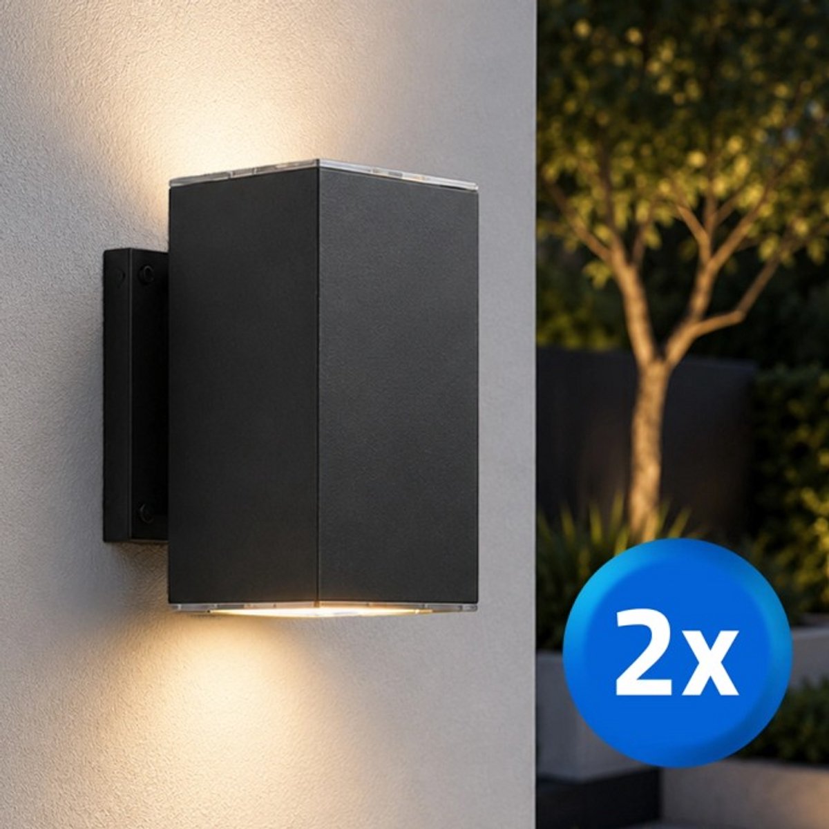 RexTech Solar wandlamp buiten ‘Sverre’ recht XL - Set van 2 stuks - Up down light - Warm wit licht (2700K) - 120 lumen - IP54 - Tuinverlichting op zonne-energie geschikt voor schutting - Zwart Zwart - Recht - XL - 2 stuks