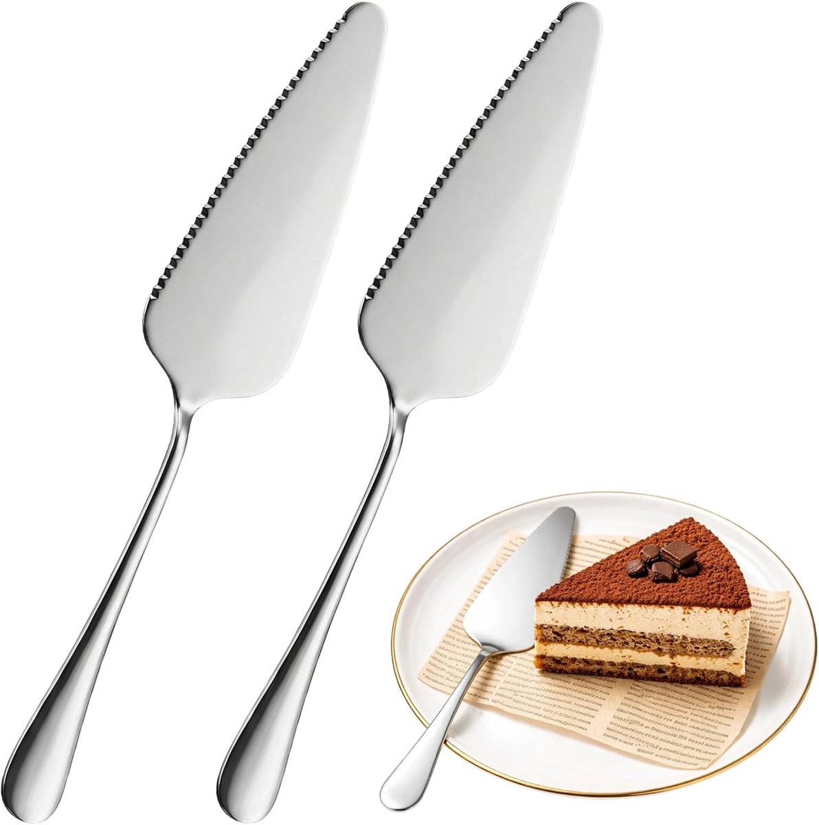 2 stuks taartschep van roestvrij staal, taartschep met gekartelde randen, taartschep met schuiver, voor restaurants, keukens en feestjes (zilver)
