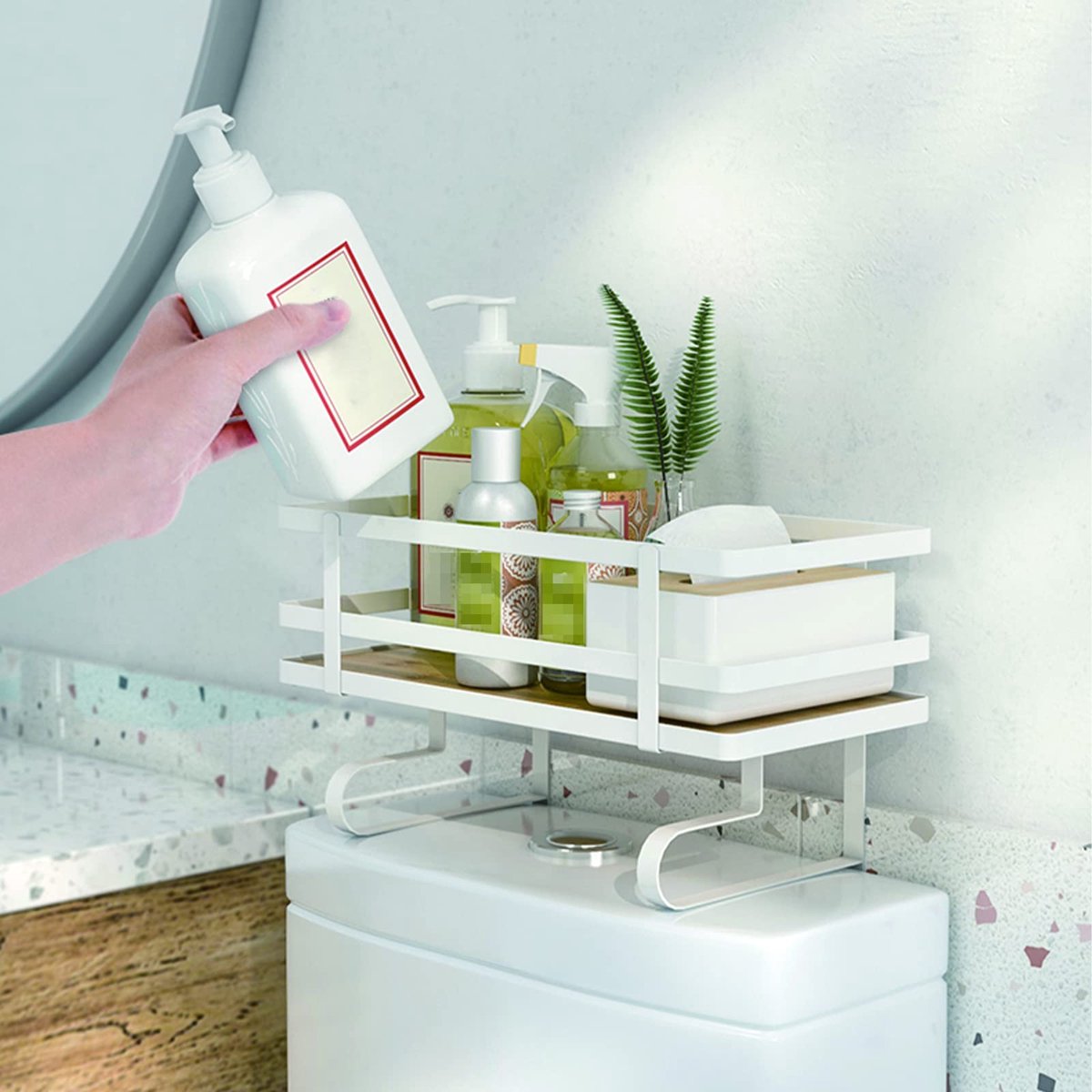 Opbergrek, gouden badkamer boven de toiletplankhouder, badkamer opslag organizer toiletplanken voor het organiseren van papieren handdoeken shampoo