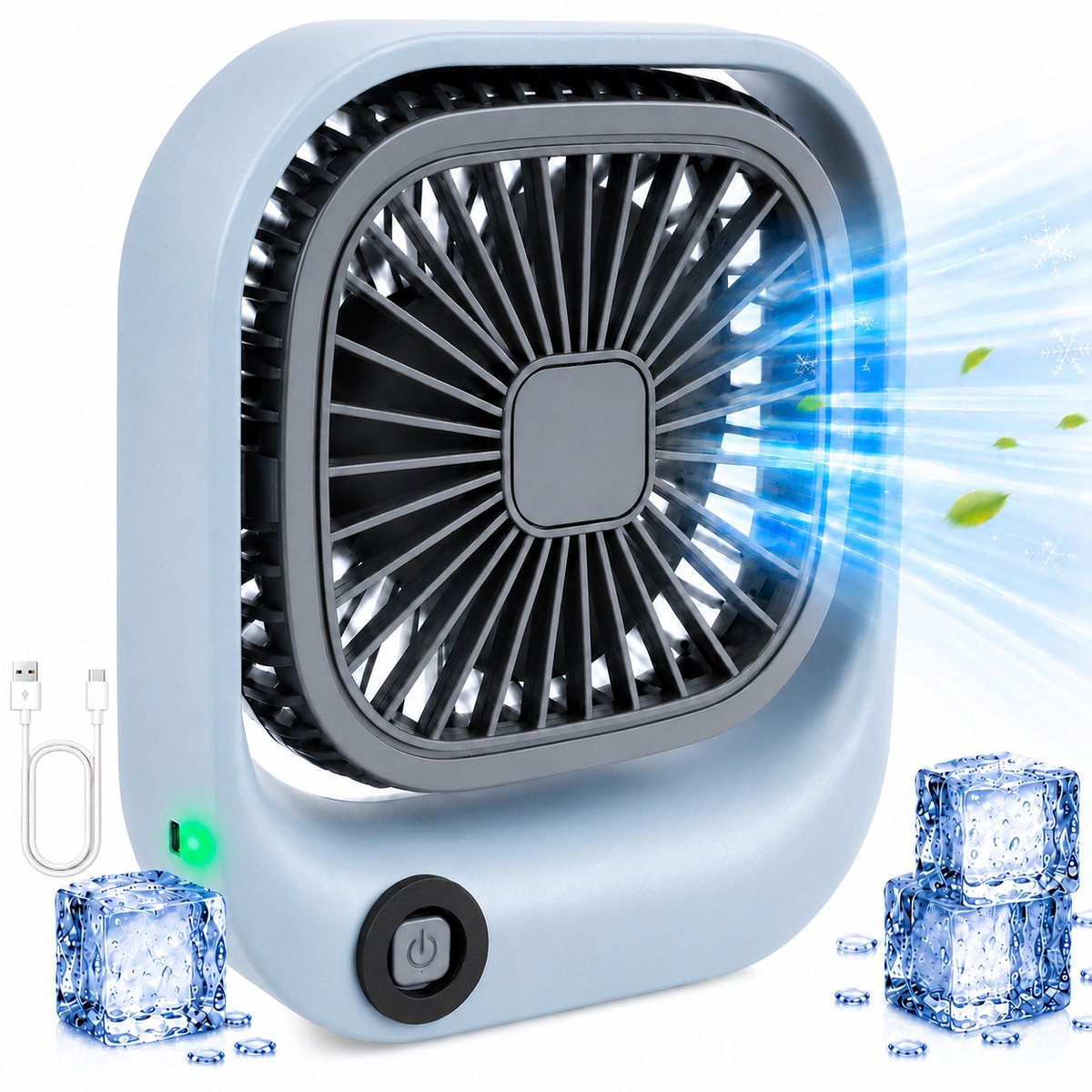 Kleine Draagbare Bureauventilator - Compacte USB-C Ventilator - Mini Tafel Ventilator 3 Standen - voor Auto, Kantoor & Onderweg - Lichtgewicht Mini Desk Fan - Kleine Oplaadbare Ventilator - Handventilator Oplaadbaar - Handwaaier - Blauw - Silvergear