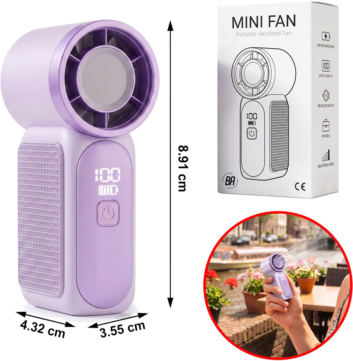 Best Active Mini Handventilator - Oplaadbare Pocket Fan met Digitaal Display - Kleine Draagbare Ventilator USB-C - 100 Standen - Tasformaat - 8,91 x 3,55 x 4,32 cm - Voor Thuis, Kantoor & Onderweg - Lila
