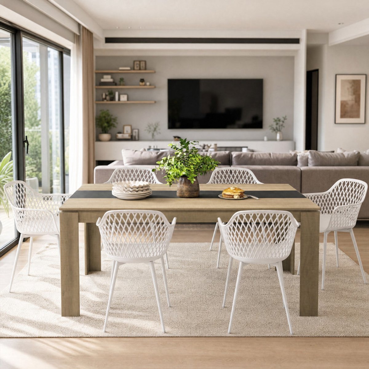 EGGREE 6-delige eetkamerset - tafel- en stoelenset voor 6 personen - inclusief stoelen met armleuningen - geschikt voor keuken - eetkamer of woonkamer (tafel van 160 x 80 x 75 cm + 6 Witte eetkamerstoelen)