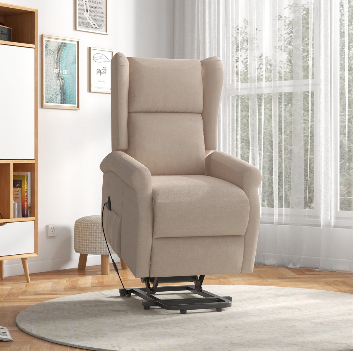 MIVRAY Relaxfauteuil 74 x 94 x 111 cm - Elektrisch Verstelbaar Met Sta-Op Functie En Ligfunctie - Voor Woonkamer - Stof Crèmewit