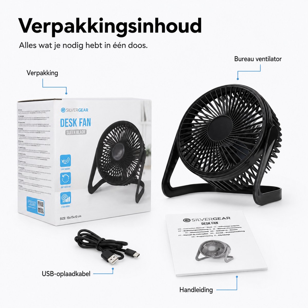 Bureau Ventilator - Zuinige Tafelventilator - Kleine USB Ventilator - Mini Bureauventilator - Kantelbare Statiefventilator - Compacte USB-C Fan - Tafelventilator Geluidloos - Bureau Airco - Desk Fan - Deskventilator - Zwart - Silvergear — afbeelding 4