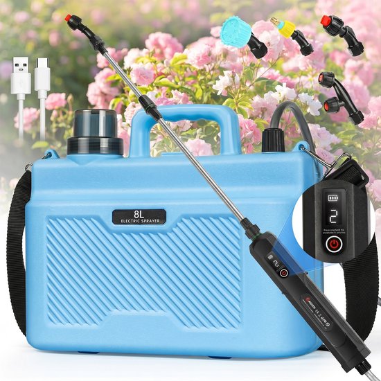 Blauwe 8L elektrische drukspuit met metalen lans, zwarte handgreep, 4 sproeikoppen, USB-kabels en batterij-indicator.