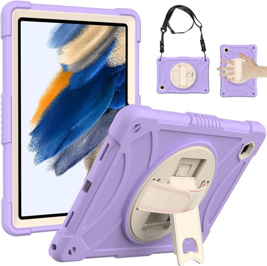 Housse de tablette compatible avec la Samsung Galaxy Tab A8 10.5 pouces (2021) – Avec support rotatif à 360°, dragonne et bandoulière – Pour SM-X200 / SM-X205 / SM-X207 – Violet