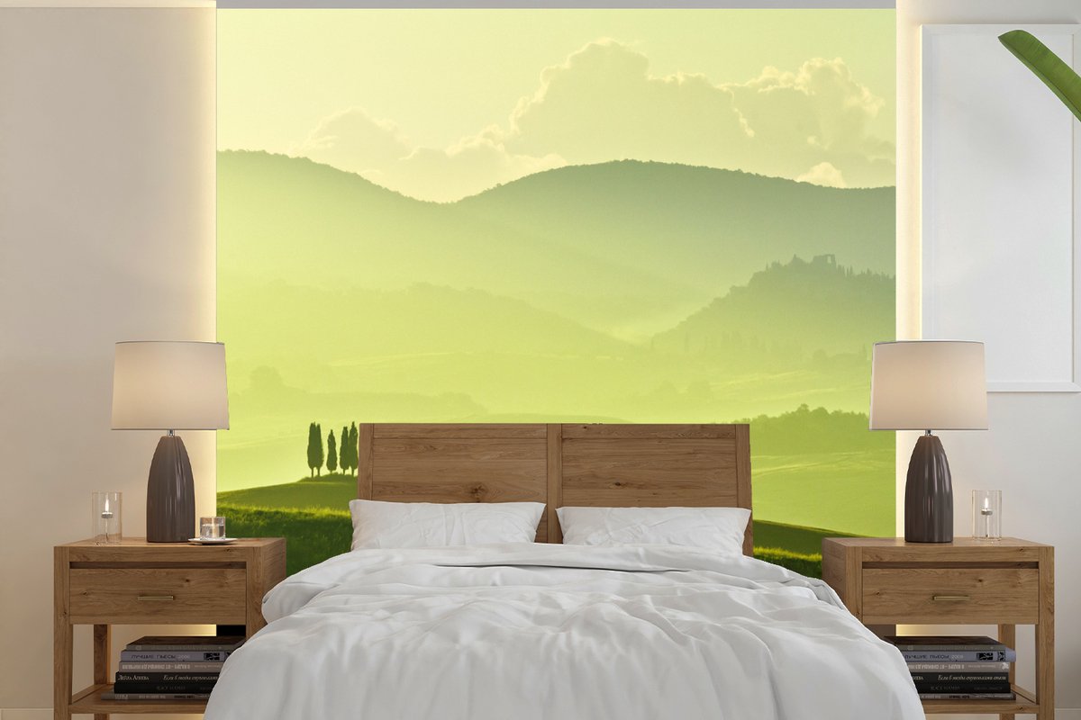 Behang - Fotobehang Toscane - Heuvels - Groen - Breedte 300 cm x hoogte 300 cm