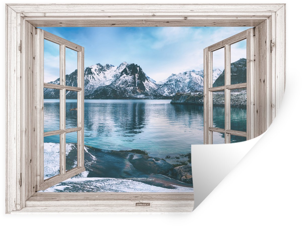 Muurstickers - Sticker Folie - Doorkijk - Berg - Water - 120x90 cm - Plakfolie - Muurstick