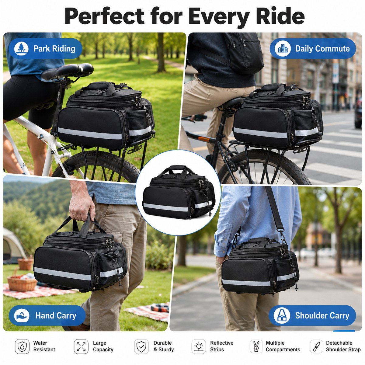Waterdichte Fietstas Achterop Fiets – 27L Uitbreidbare Bagagedragertas – Touring Fietstas voor Lange Afstand – Met Regenhoes en Reflecterende Details – Zwart – 1 Stuk — cadeau in Sport & Outdoor - foto 4