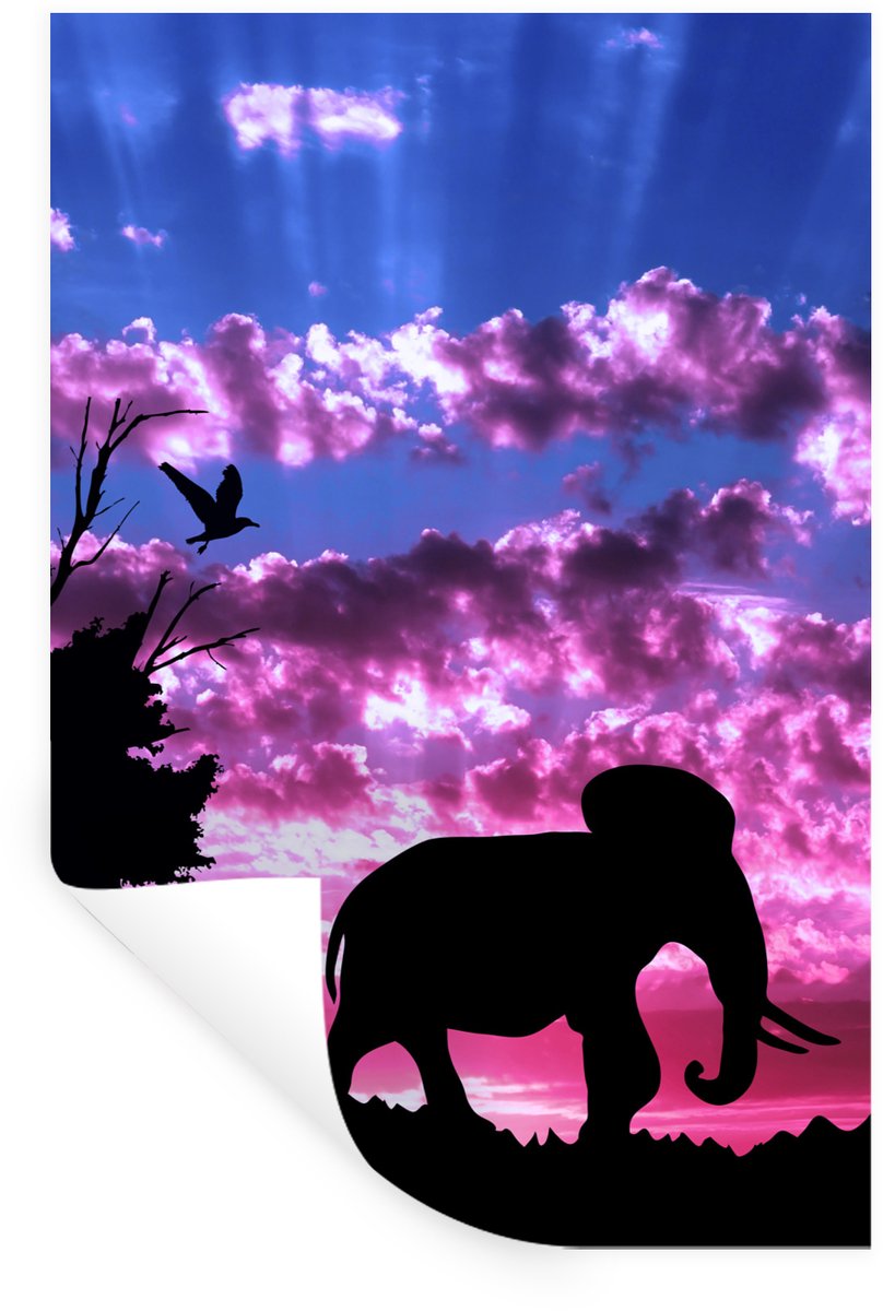 Muurstickers - Sticker Folie - Olifant - Vogel - Paars - Roze - 60x90 cm - Plakfolie - Muu