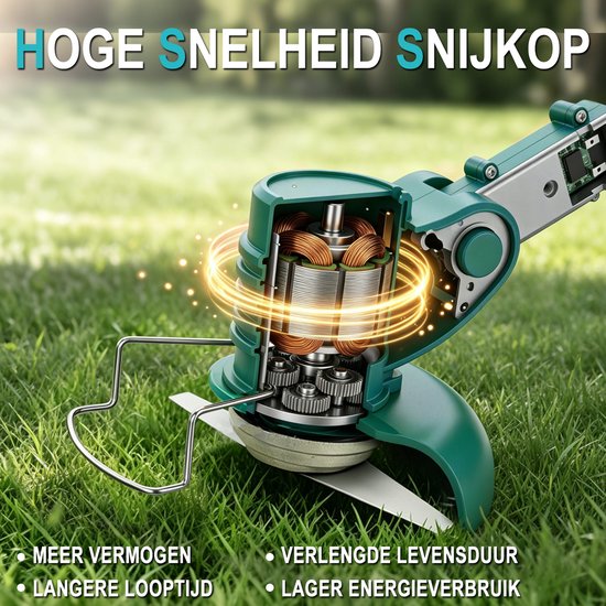 Accu Grastrimmer 3-in-1 Opvouwbaar - 18V 3000mAh 2x Batterij + Lader - Met 10 Stalen Messen, 2-in-1 Wiel & Randensnijder - Krachtige Onkruidverdelger voor Tuin, Gazon & Stoeprand - Incl. Aluminium Schijf & Beschermkap — afbeelding 5