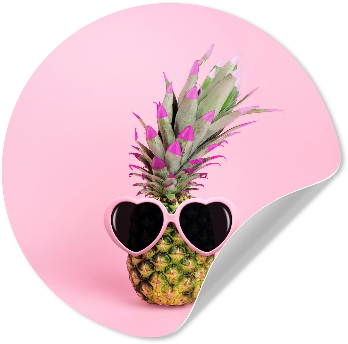 WallCircle Behangcirkel 120x120 cm - Muurstickers Een ananas tegen een roze achtergrond met een zonnebril - Muurcirkel woonkamer - Wandcirkel slaapkamer - Kamer decoratie zelfklevend - Muurdecoratie accessoires Multicolor