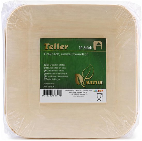Een vierkant, lichtbeige bord van geperst hout, verpakt in plastic, met een etiket waarop 'Teller 10 Stück Praktisch, umweltfreundlich' staat.