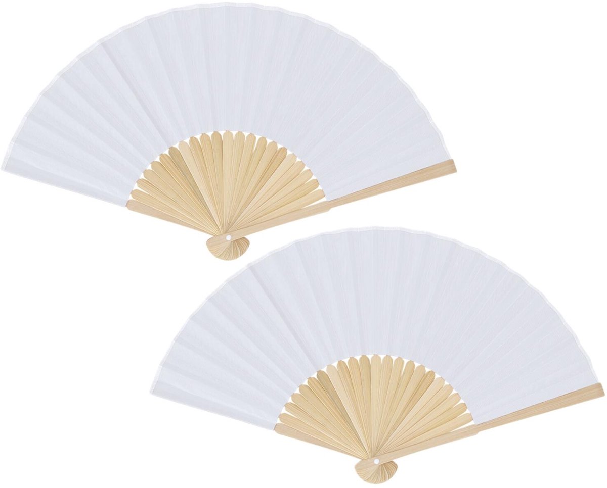 Bellatio Design Spaanse handwaaier - 2x - wit - bamboe/papier - 38 x 21 cm - spaanse waaier - festival waaier