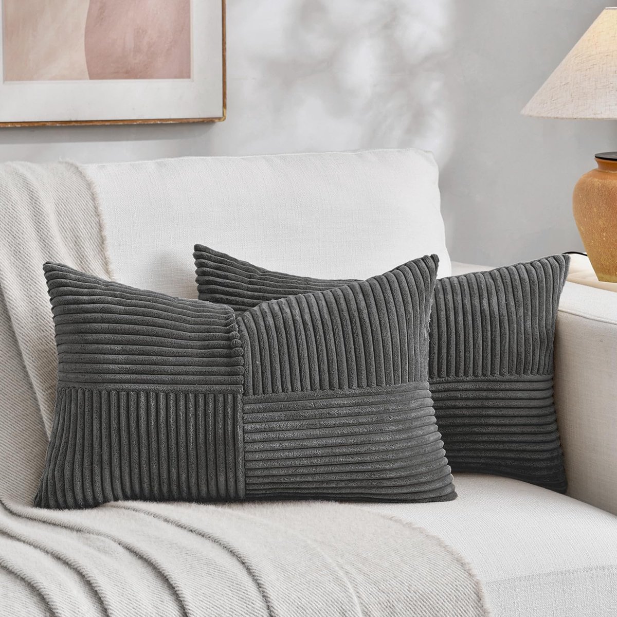 Set van 2 boho-kussenslopen voor bank, 35 x 55 cm, corduroy, modern, zacht, kruispatroon, decoratieve kussenslopen voor bank, slaapkamer, donkergrijs