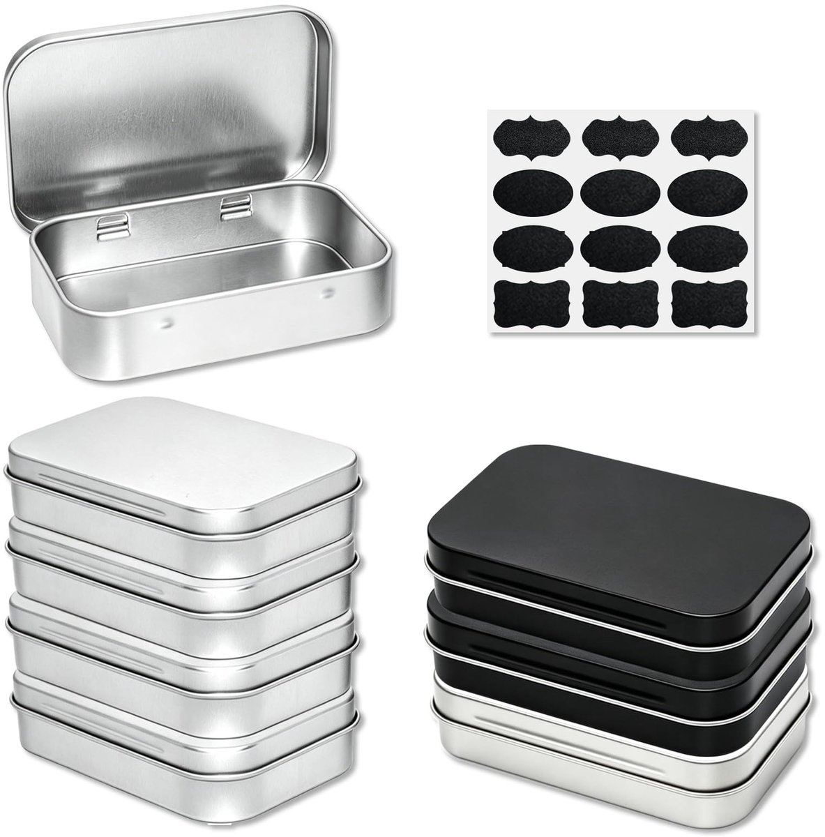8 stuks metalen blikjes, klein, metalen blikjes, kleine rechthoekige blikjes, metalen dozen, blikje met klapdeksel, draagbare metalen doos voor snoep, pillen en kleinigheden (4 zilver + 4 zwart)