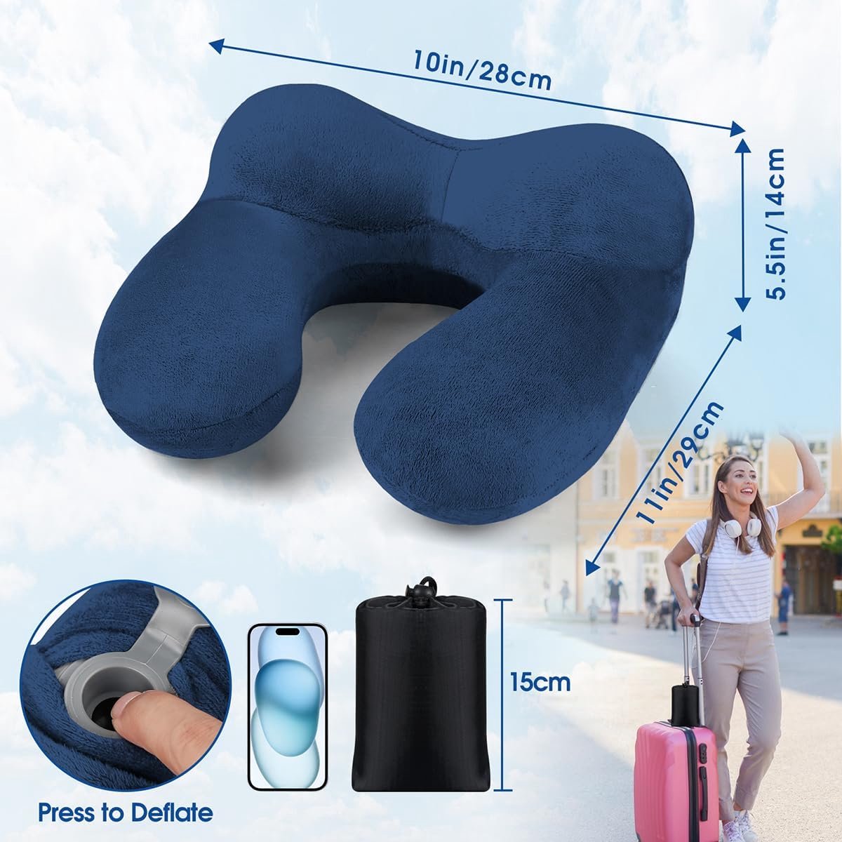 Reiskussen, nekkussen, opblaasbaar voor vliegtuig, met oordopjes, zacht fluweel, ergonomisch nekkussen, reiskussen, opblaasbaar voor kantoor, vliegtuig, auto, reizen, camping,