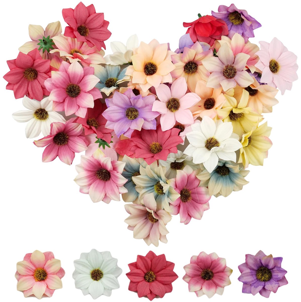 Kunstbloemen, 6 cm, kleurrijke kunstbloemen, madeliefjes, bloemkoppen, plastic bloemen, kleine mini zijden bloemen voor doe-het-zelf scrapbooking, woondecoratie, bruiloftsdecoratie
