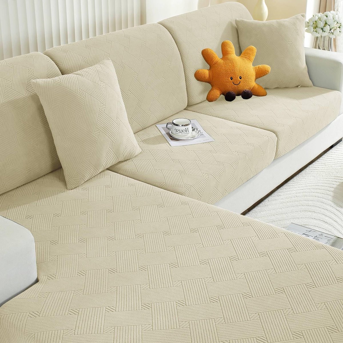 Elastische Sofa Stoelhoes, Universele Sofa Kussenhoes, Sofa Zitkussen Hoezen, Hoes Voor Bankkussens, Sofa Kussenhoezen, Sofahoezen Meubelbeschermer Hond (Groot 1 Plaats, Beige)