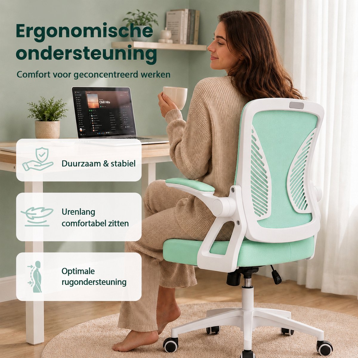 Milacyee Bureaustoel - Ergonomische Bureaustoel – Verstelbare Gaming/Computerstoel met Mesh Rug & Lendensteun – 90° Opklapbare Armleuningen – Directiestoel met Stille Wieltjes – Tot 130 kg Belasting - groente - Geschikt voor thuiswerk en kantoor – foto 5