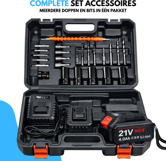 Zwarte koffer met gereedschap, inclusief 2 accu's, oplader, boortjes en doppen. De koffer is open.