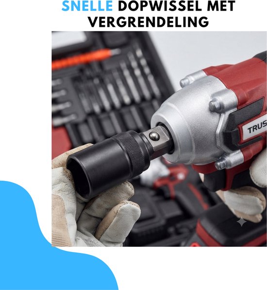 Truskore Accu Slagmoersleutel - Slagmoersleutelset - Slagmoersleutel elektrisch - Slagschroevendraaier - incl. 13x Moerdoppen, 2x Accu - Rood