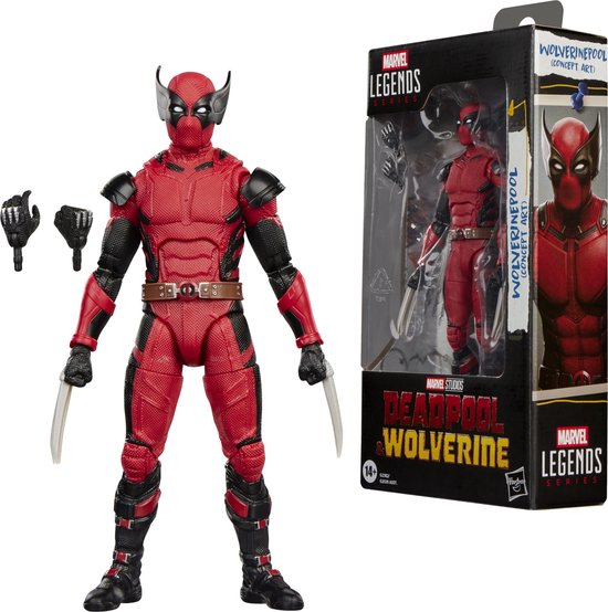 Rood met zwart Deadpool-actiefiguur met Wolverine-masker, riem, manchetten en laarzen, naast de doos van Marvel Legends.