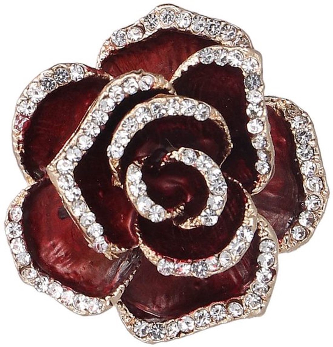 Handgemaakte rode camelia broche met strass kristal