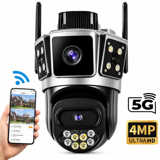 Bewakingscamera met dubbele lens, 5G en 4MP Ultra HD. Telefoon toont beelden van woningen.