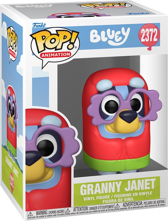 Figurine Funko Pop! Animation de Granny Janet de Bluey, corps rouge, accents bleus, lunettes violettes et pantalon vert.