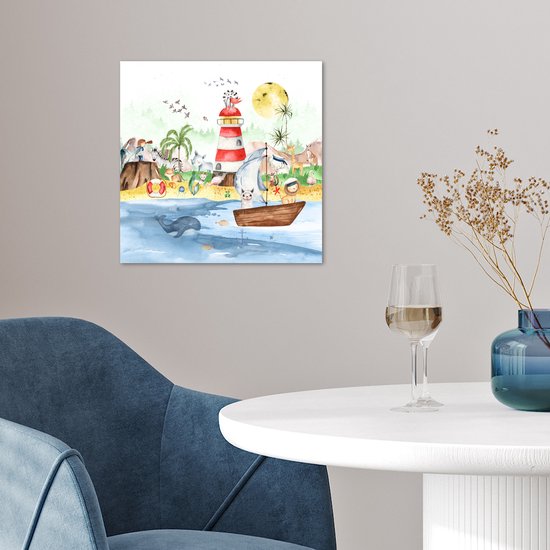 Poster kinderen - Wanddecoratie jongens - Strand - Dieren - Kinderen - Vuurtoren - Poster kinderkamer - 30x30 cm - Decoratie kinderkamers - Kinderkamer decoratie - Poster Babykamer — afbeelding 3
