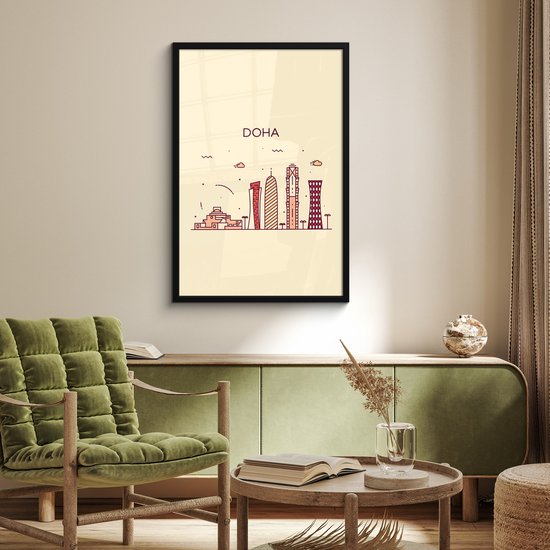 Poster in lijst - Fotolijst 60x90 cm - Posters - Skyline - Qatar - Doha - Posterlijst zwart - Decoratie - Wanddecoratie woonkamer - Muurdecoratie slaapkamer