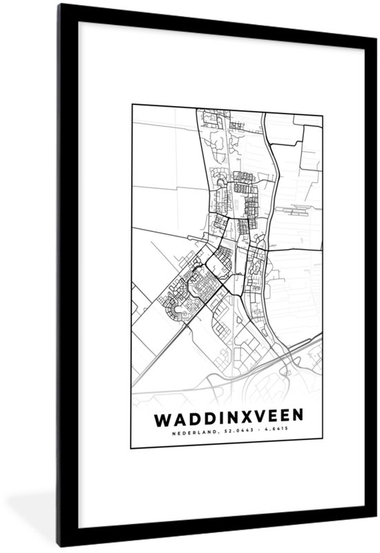 Cadre photo avec affiche - Carte - Waddinxveen - Zwart - Wit - 40x60 cm - Cadre pour affiche