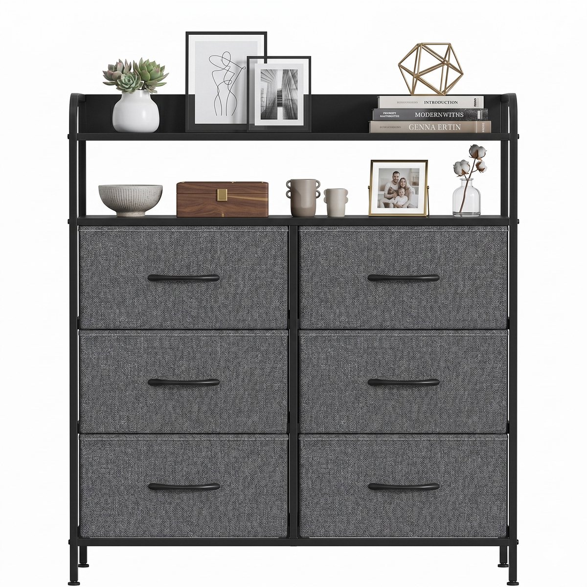Stoffen Ladekast met 6 Laden-83x30x97cm Opbergkast-Multifunctionele Kast met Open Vak-Slaapkamer Woonkamer Opbergmeubel-Metalen Frame MDF Blad-Donkergrijze Stoffen Ladenkast-Documenten Kledingkast