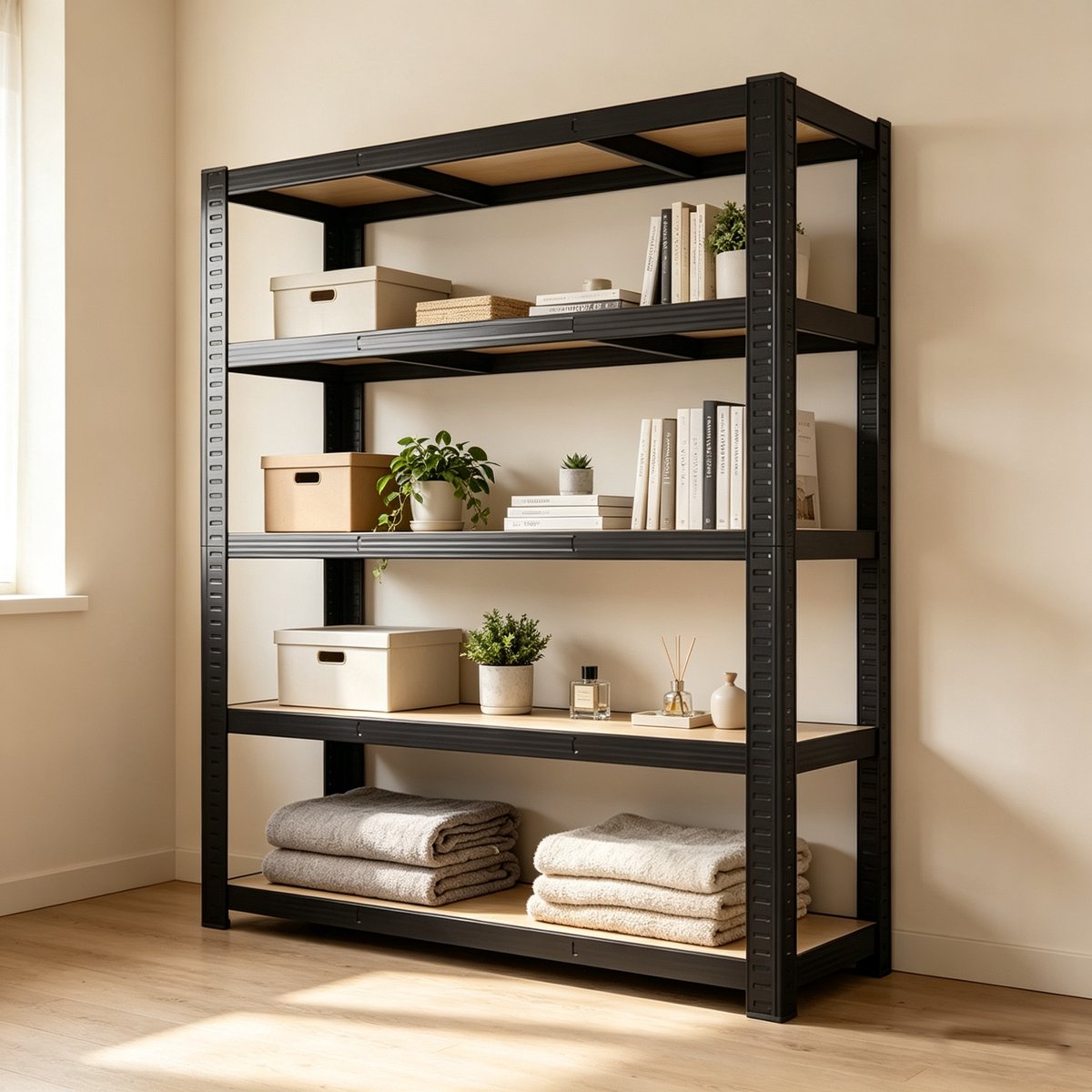 Opbergrek 5-laags verstelbaar draagvermogen 20 tot 50 kg robuust opbergrek voor de garage metalen organizer multifunctioneel rek zwart 60*30*180 cm geschikt voor keukens voorraadkasten kelders badkamers en wasruimtes