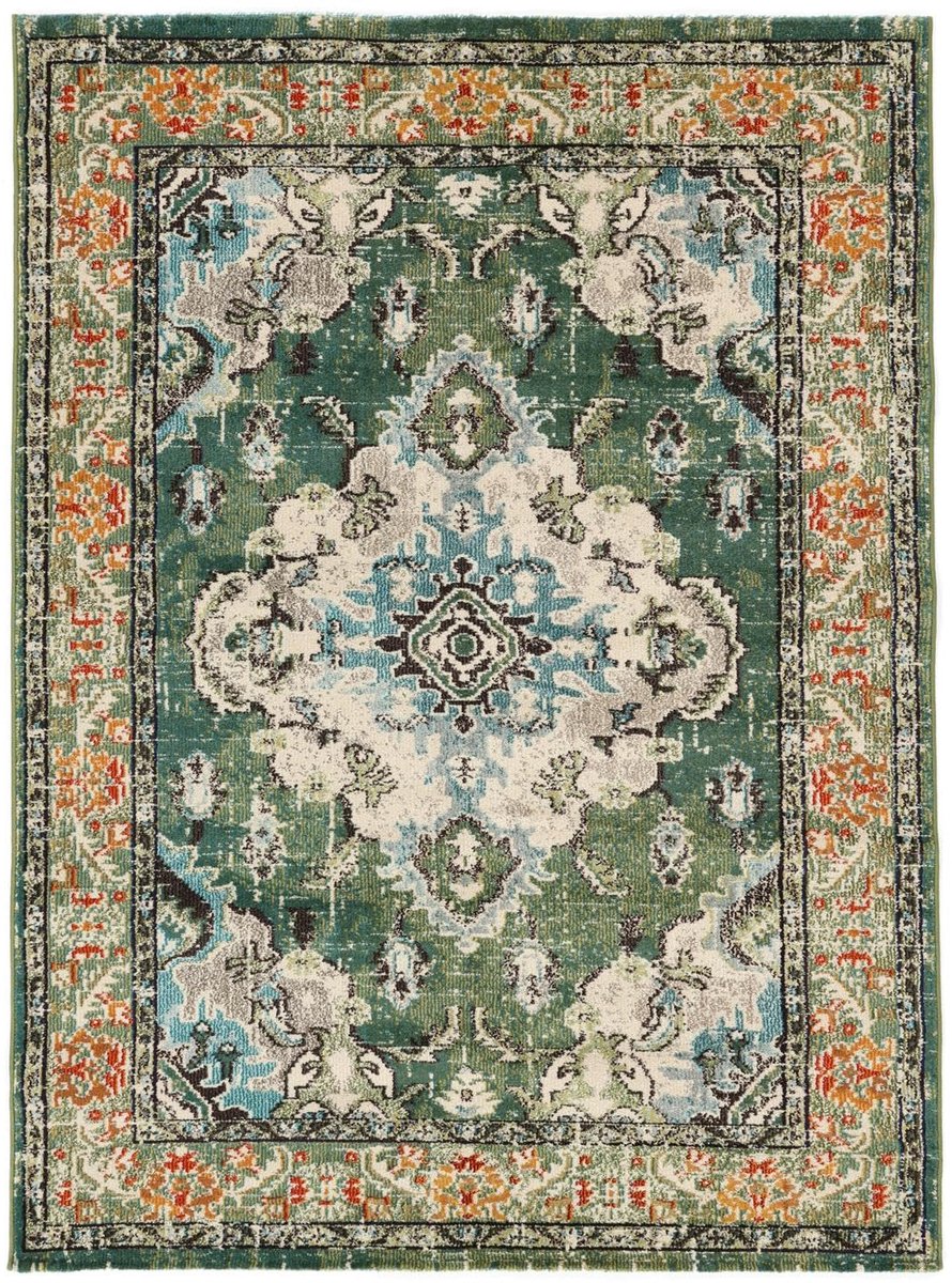 Vloerkleed, Vintage, 200 x 300 cm, Rechthoekig, Middelpolig, Woonkamer, Eetkamer, Slaapkamer, Keuken, Alleen chemisch reinigen, Groen