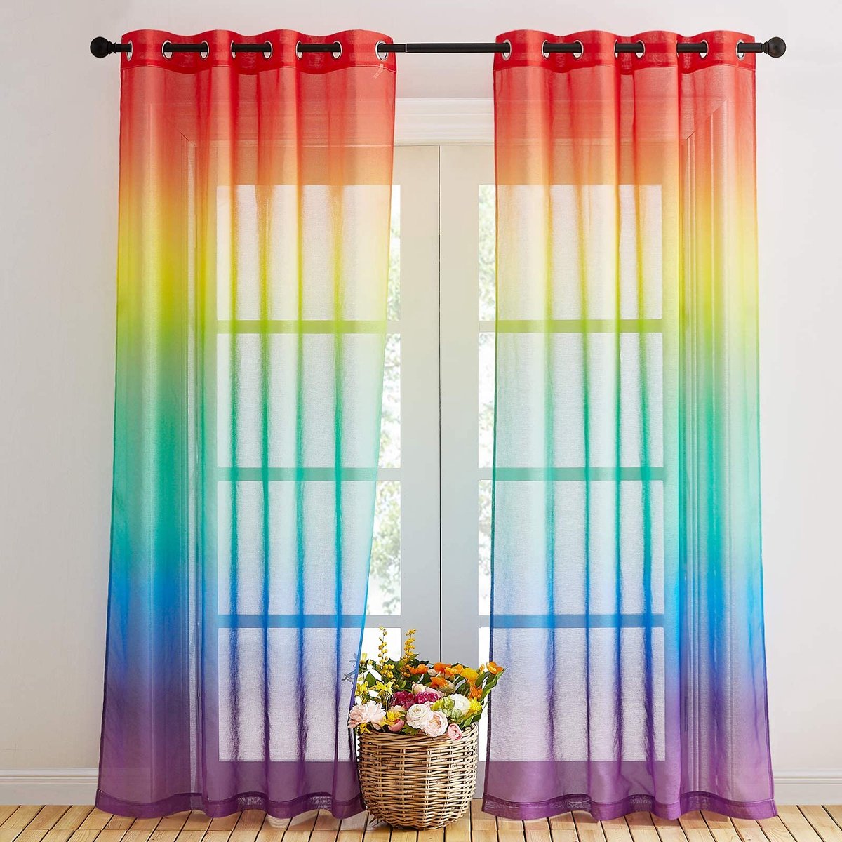 Gordijnen voor woonkamer - linnen voile met natuurlijk effect, decoratie voor slaapkamer, lichtfilter, elegant, halftransparant, 140 x 245 cm, geel/paars, 2 stuks