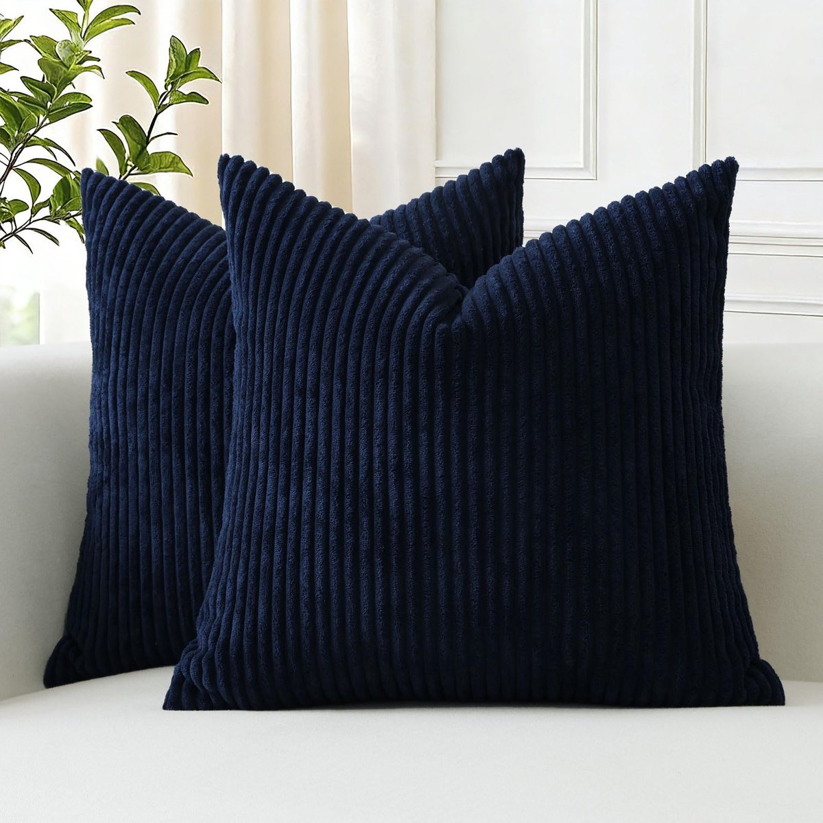 Set van 2 corduroy kussenslopen 40 x 40 cm, zacht, gestreept, boho, decoratieve kussenslopen, kussenhoes voor bank, slaapkamer, woondecoratie, 40 x 40 cm (marineblauw)