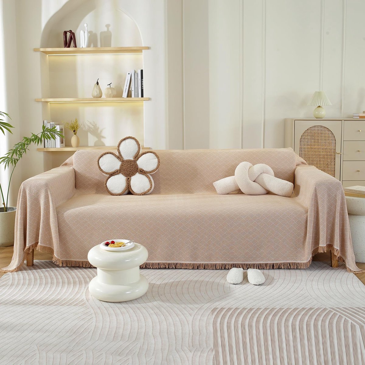 Sofa Gooit Geweven Sofa Gooi Deken met Kwasten Omkeerbare Veelzijdige Plaids voor Banken Grote Plaids voor Settees Bank Slaapbank 180 * 340cm-Melk Thee