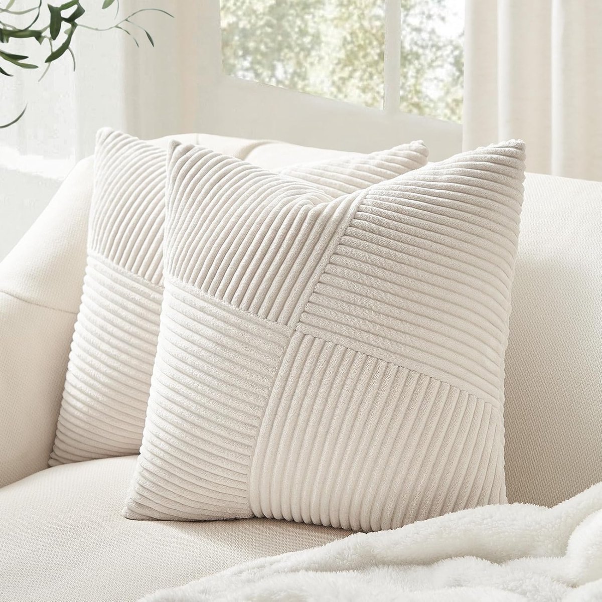 Kussensloop 80 x 80 cm, crème corduroy fluweel, set van 2, windmolen, strepen patroon, kussenslopen, sierkussen, sofakussen, patchwork, design, decoratie, woonkamer, bed, slaapkamer, bank