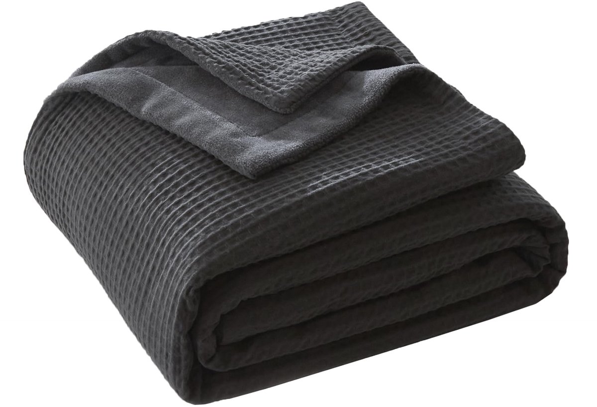 Katoenen deken, knuffeldeken, 150 x 200 cm, katoenen wafeldeken en melkfluweel, zacht, wollig, warm, anti-statische sprei, bankdeken, woondeken voor bank, bed, antraciet