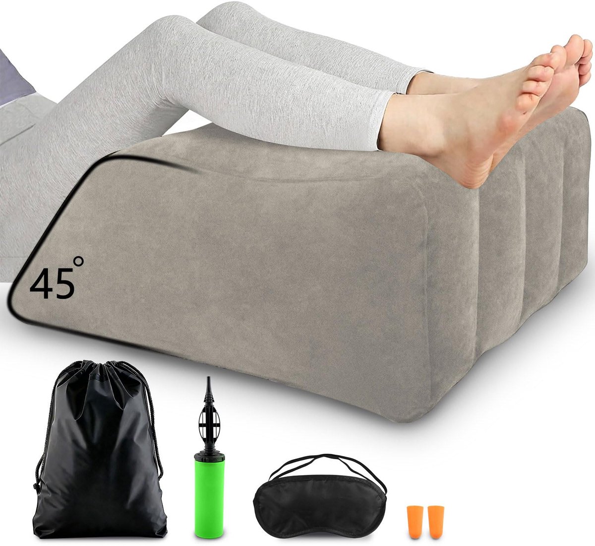 beenverhogingskussen, opblaasbaar beenkussen en wigkussen om de benen omhoog te zetten voor bed en slaap, ter ondersteuning van de doorbloeding en ontlasting van de benen, grijs